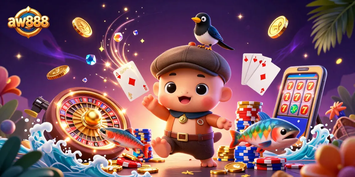 Experience excitement with aw888's vibrant 3D casino illustration showcasing playful characters and dynamic game elements.