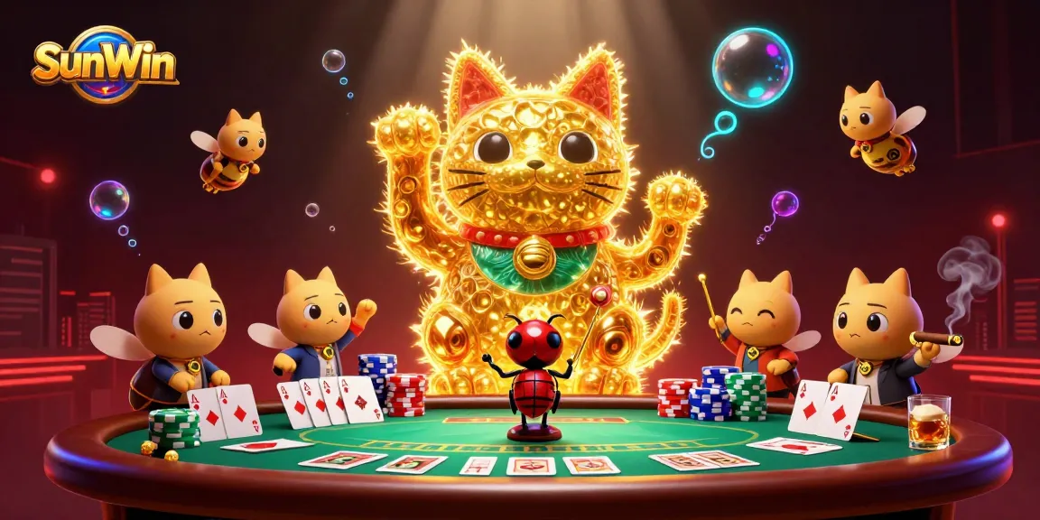 SunWin casino game illustration highlighting a lucky cat, poker elements, and vibrant casino ambiance.