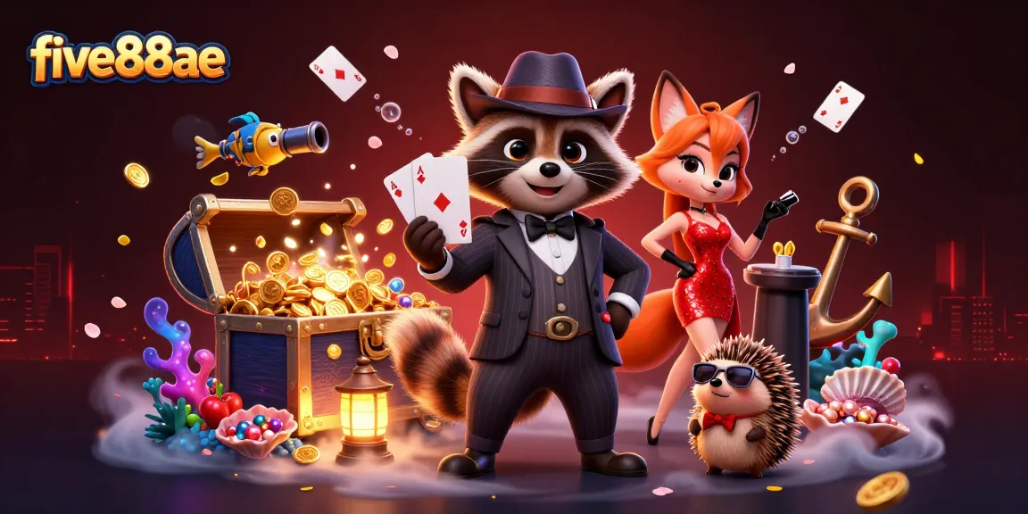 Experience thrilling gaming at five88ae with charming characters in an illustrative casino scene.