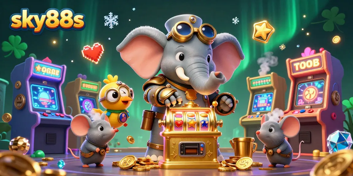 Engage with thrilling gambling action at sky88s, featuring a vibrant 3D casino scene with slot machines and game elements.