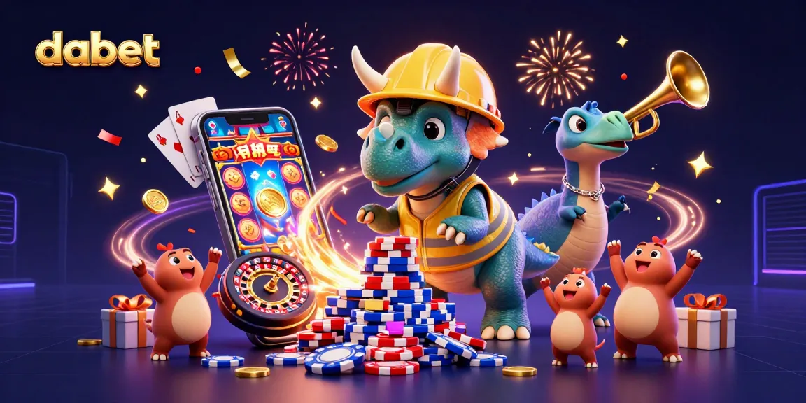 Dabet players celebrate as triceratops builds poker chip pyramid amidst vibrant casino elements.