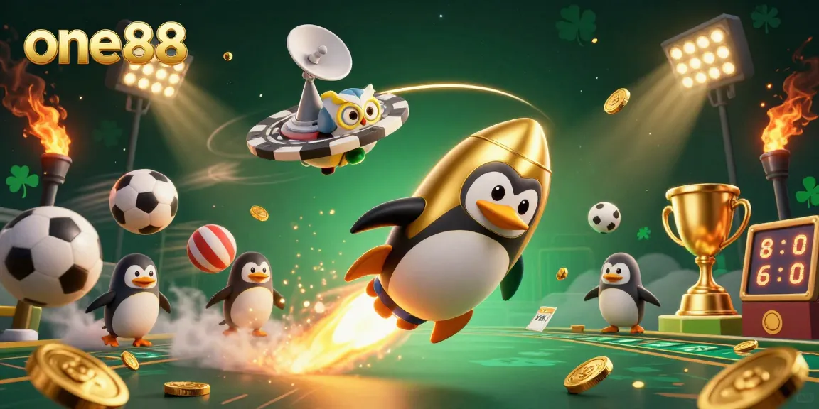 Engage in thrilling gambling with one88 as you view a dynamic scene of a golden penguin and casino elements.