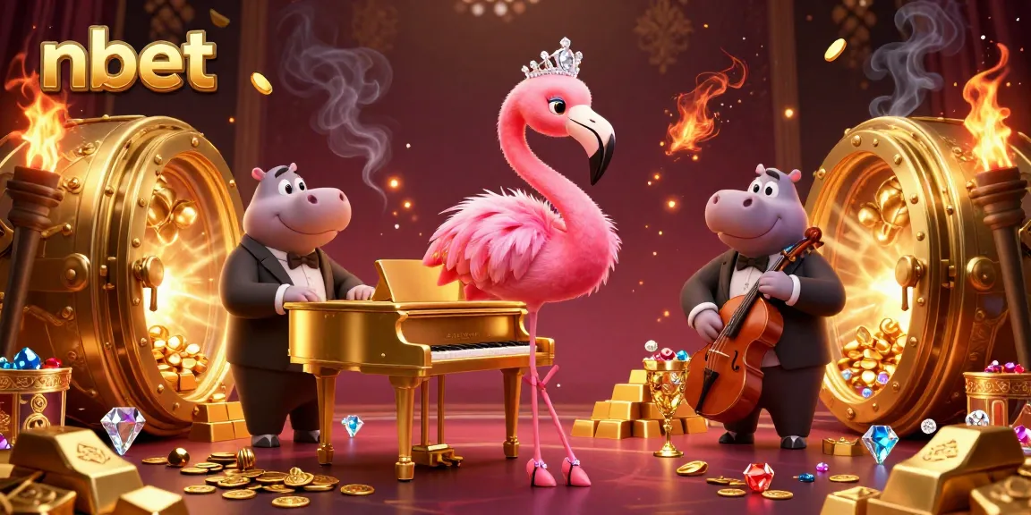 Experience the vibrant energy of nbet's casino scene with unique characters and golden treasures.
