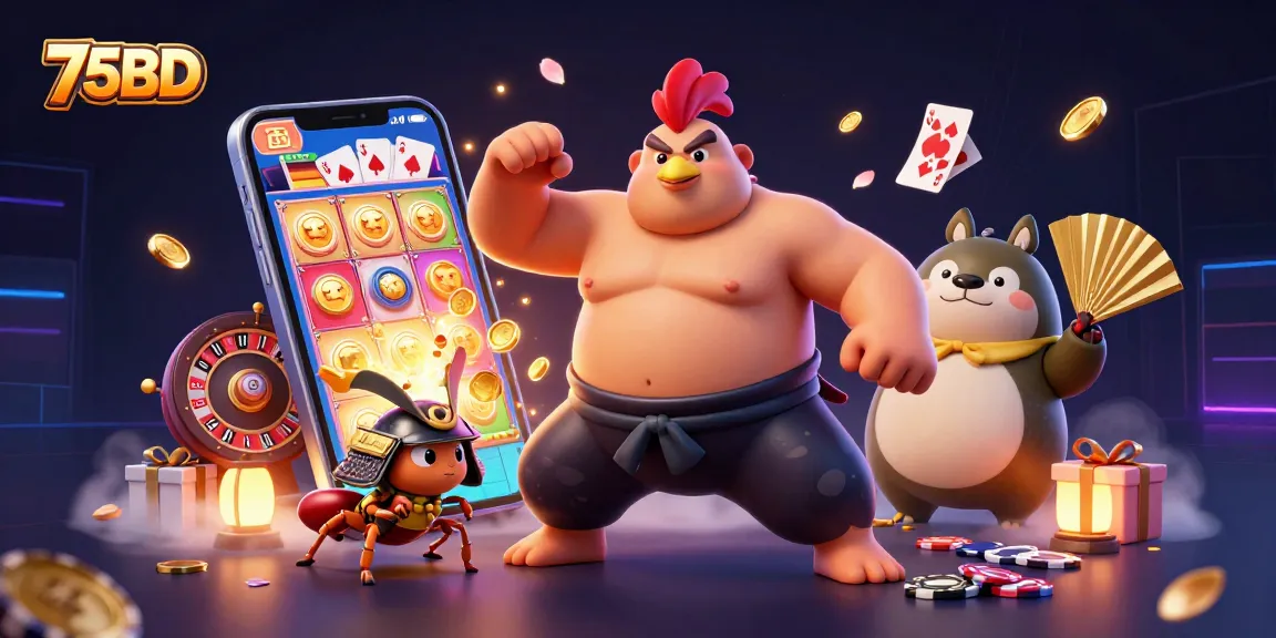 75BD shows a powerful sumo rooster and fierce cricket in an engaging casino scene surrounded by vibrant gaming elements.