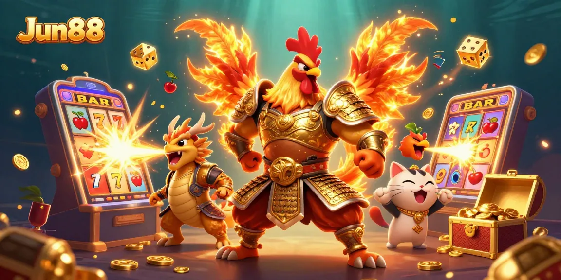 Experience the excitement of Jun88 with a dynamic casino illustration featuring warriors, dragons, and jackpots.