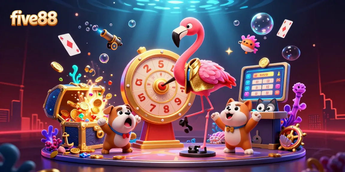 Experience thrilling wins at five88 with a vibrant scene featuring engaging casino games and cheerful characters.