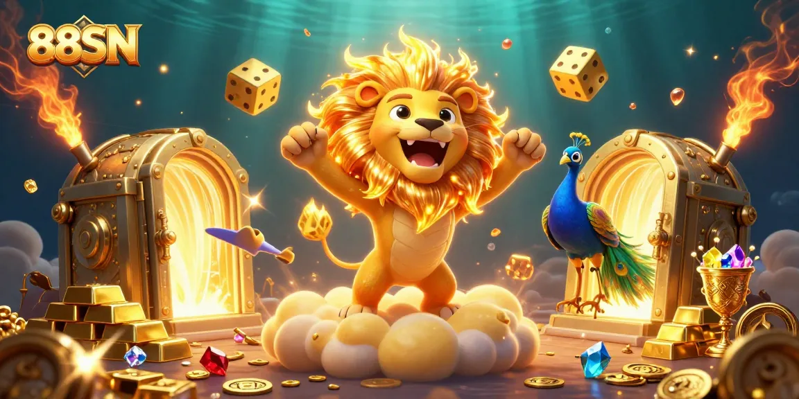 Experience the vibrant thrill of 88SN with energetic casino elements, showcasing golden treasures and lively characters.