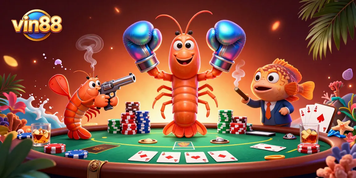 Experience the excitement at vin88 with colorful poker elements and unique ocean-themed characters.