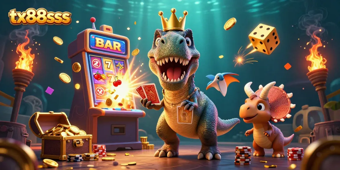 Engage with games at tx88sss featuring a T-Rex shuffling cards, jackpot slot machine, and vivid casino elements.