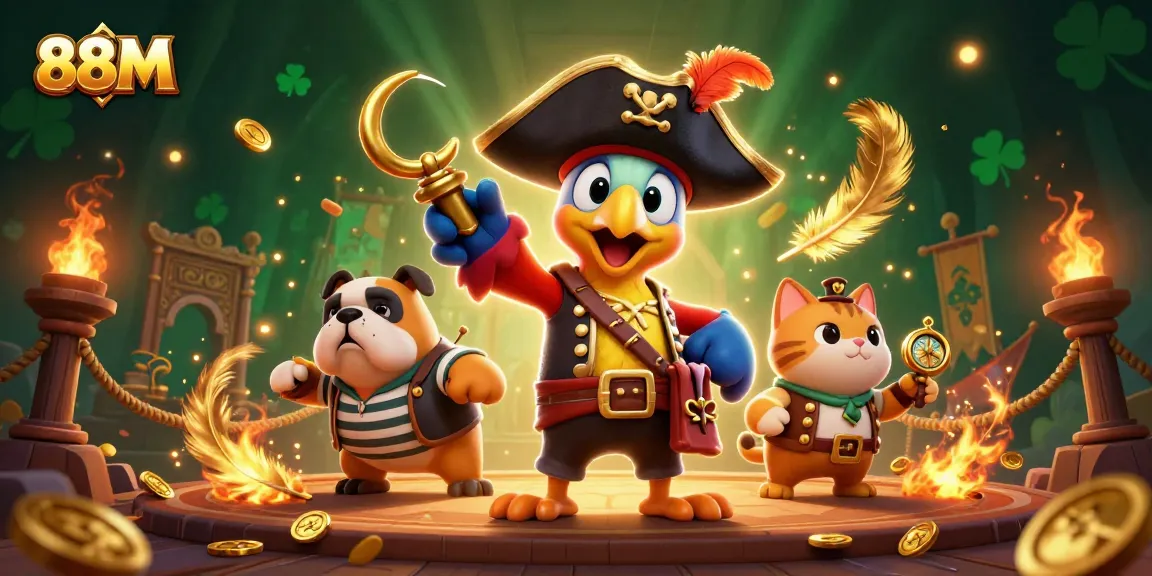 Engage with 88M's vibrant online casino scene featuring a pirate captain and friends amidst gold coins.