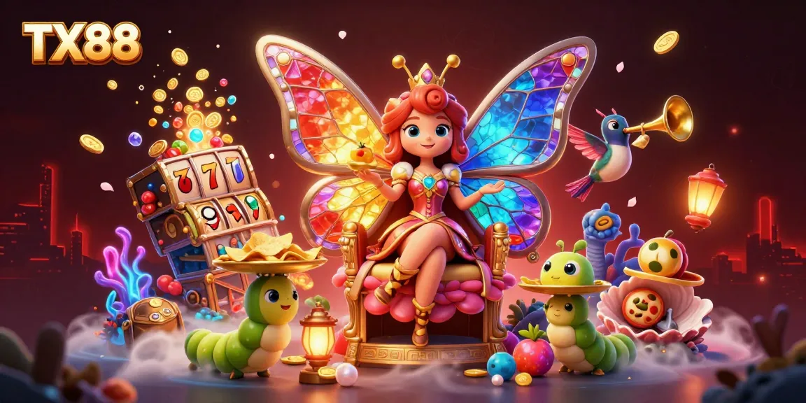 Experience the vibrant TX88 world with a colorful butterfly queen and exciting slot elements.