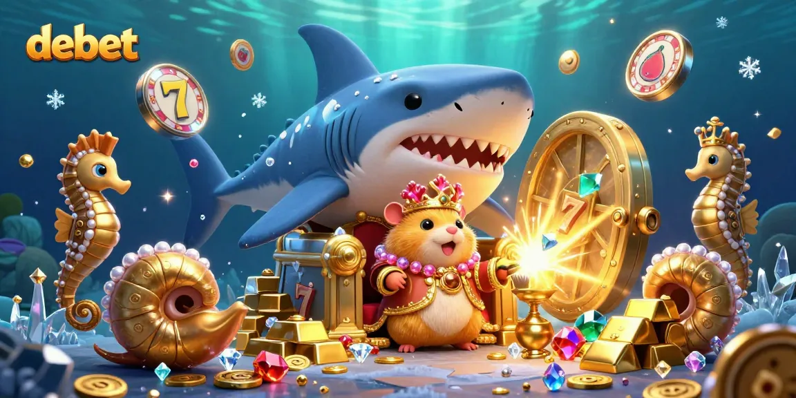 Experience the vibrant casino world of debet with a golden hamster king and seahorse guards amidst glittering treasures.