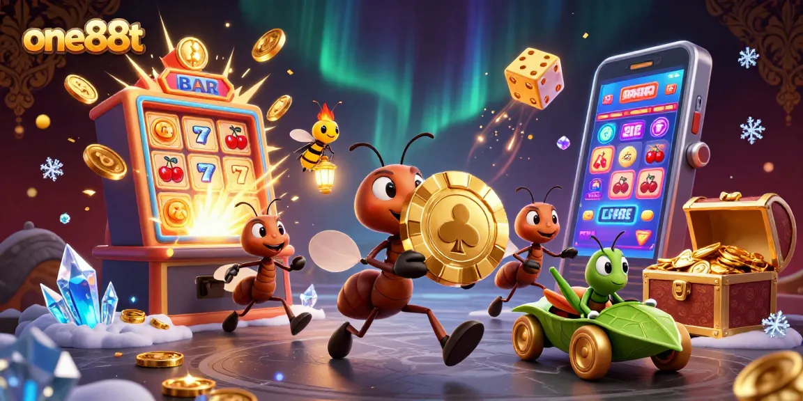 Experience thrill with one88t as animated ants steal a giant poker chip amid casino elements.