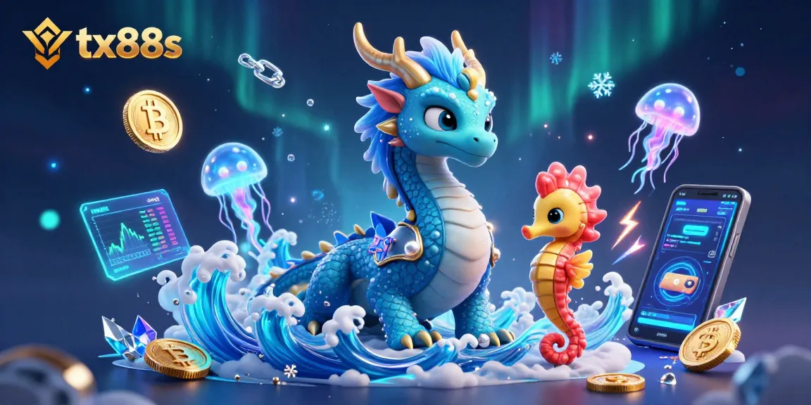 Play at tx88s with an azure water dragon and seahorse knight surrounded by crypto coins and gaming elements.