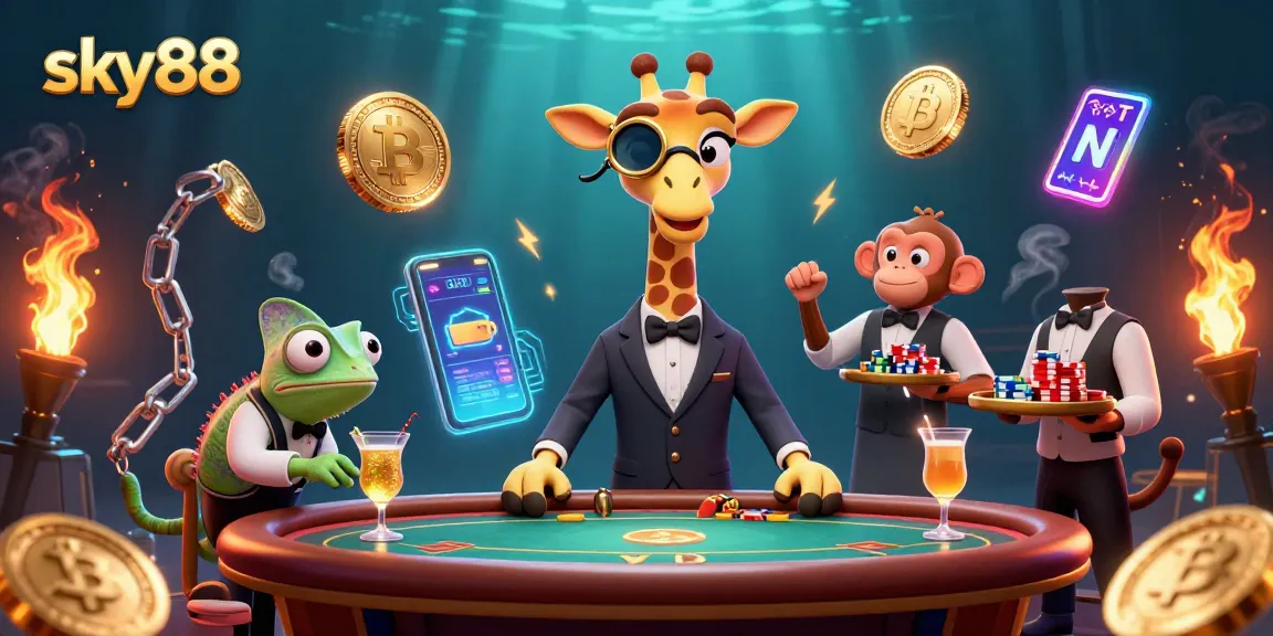 Engage with sky88's vibrant gameplay featuring a 3D giraffe, monkey, and chameleon in a casino setting.