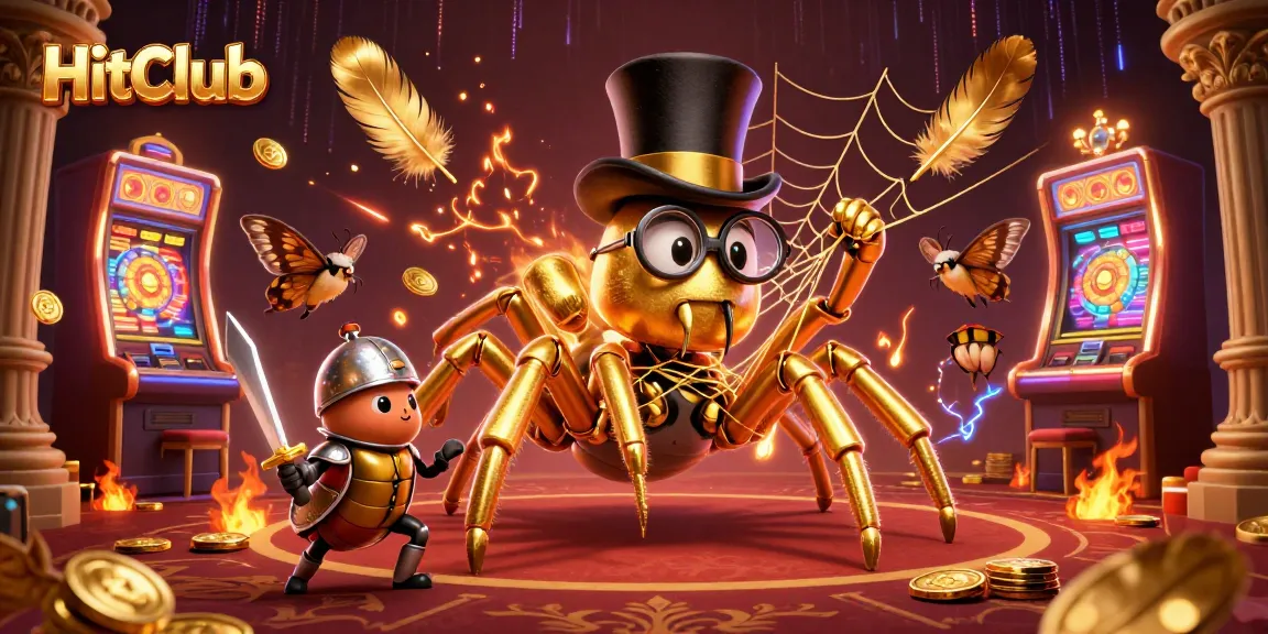 Spin the reels at HitClub with a golden tarantula and brave beetle knight in a lively casino scene.