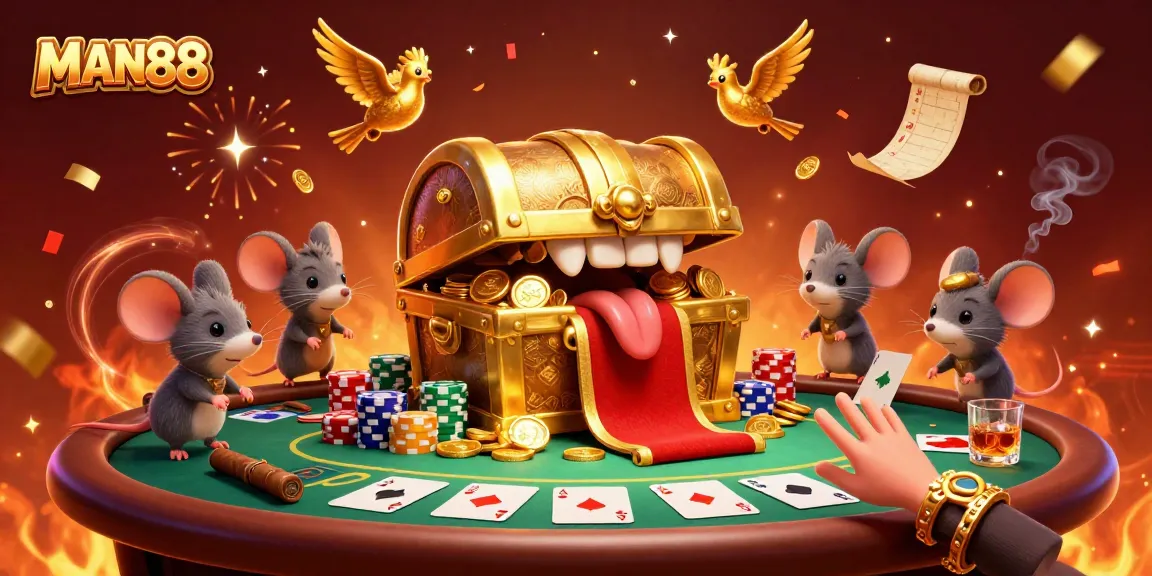 Engaging illustration of MAN88's gaming world featuring the golden treasure chest, poker elements, and festive atmosphere.