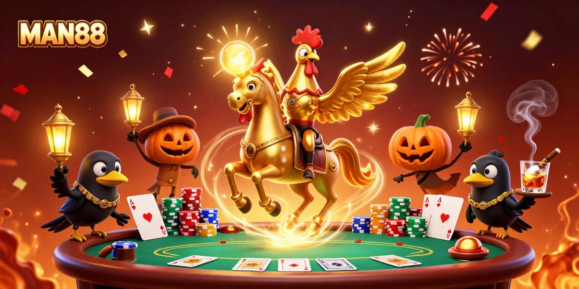 Win big at MAN88 with vibrant casino action featuring a golden rooster and whimsical characters.