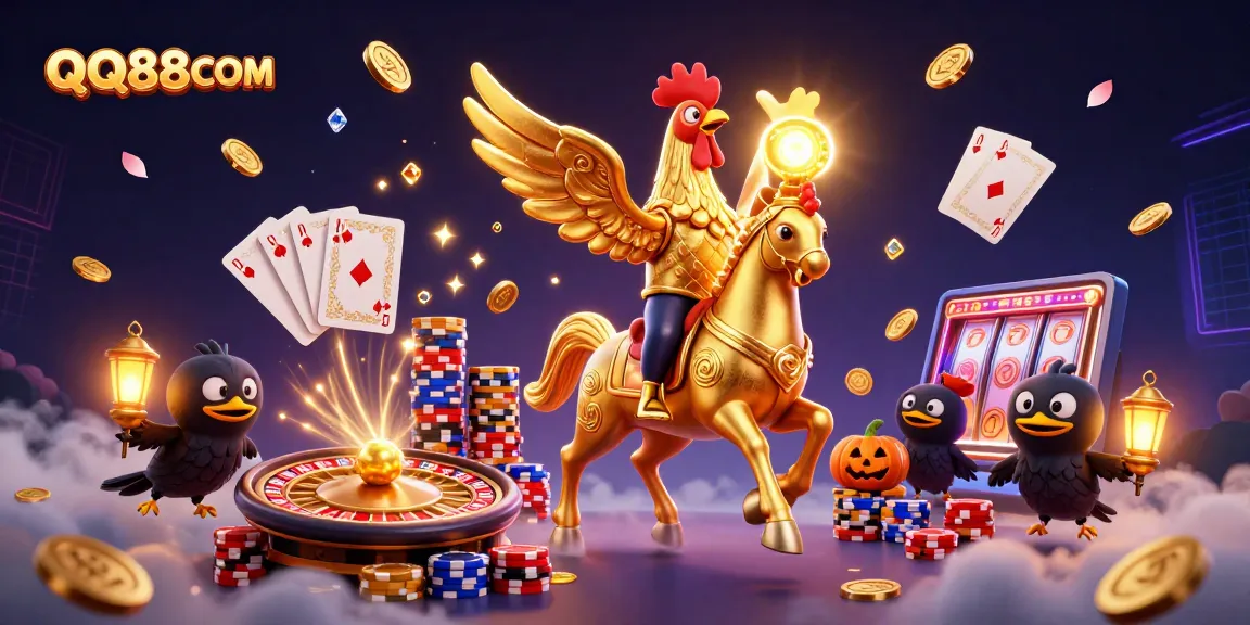 Join the excitement at QQ88COM with a golden rooster in a vibrant casino scene.