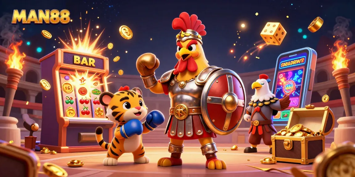 Experience the thrill of MAN88 with vibrant casino action featuring a rooster gladiator and slot machine excitement.