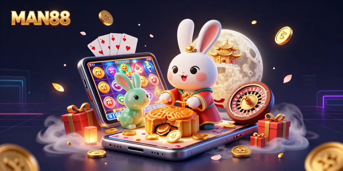 Bet on MAN88 casino with a mystical moon rabbit and vibrant game elements revealing poker chips.