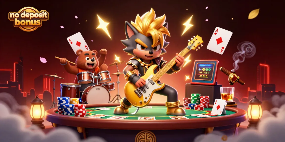 No deposit bonus scene with a rock star wolf and drummer bear performing at a lively casino, surrounded by poker elements.