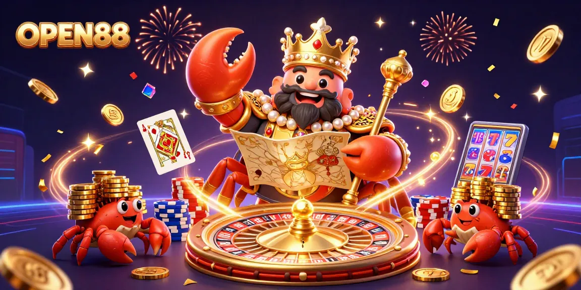 Engage with OPEN88 to experience thrilling casino gameplay, featuring a golden crab emperor and treasure-filled atmosphere.