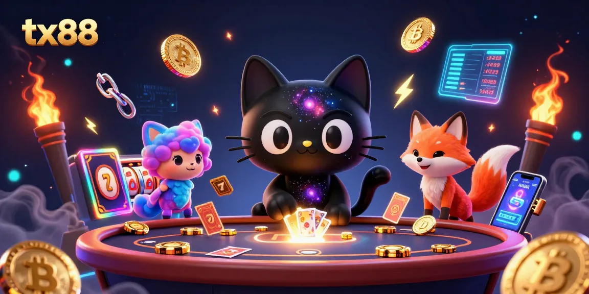 Experience thrilling tx88 gaming with a cosmic cat and fox in a vibrant animated casino scene.