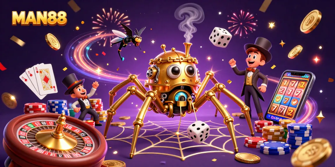 Experience the thrill of MAN88 in a dynamic 3D casino scene filled with exciting elements and energy.