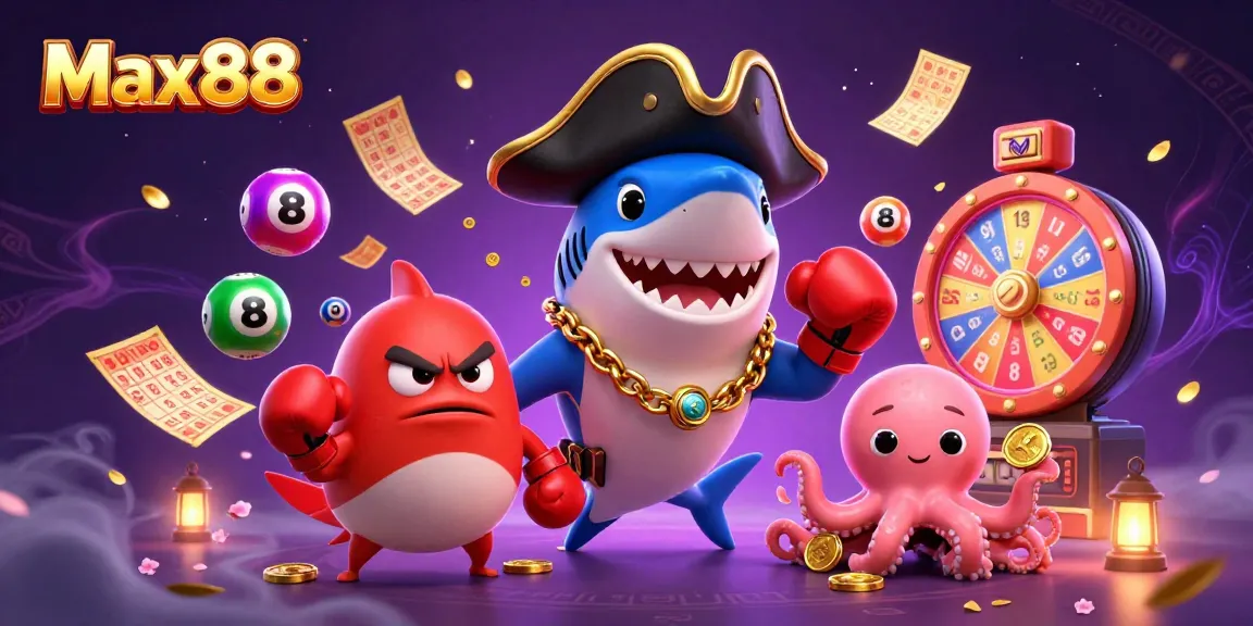 Engage with Max88 in this vibrant 3D illustration featuring a pirate shark and lottery elements.