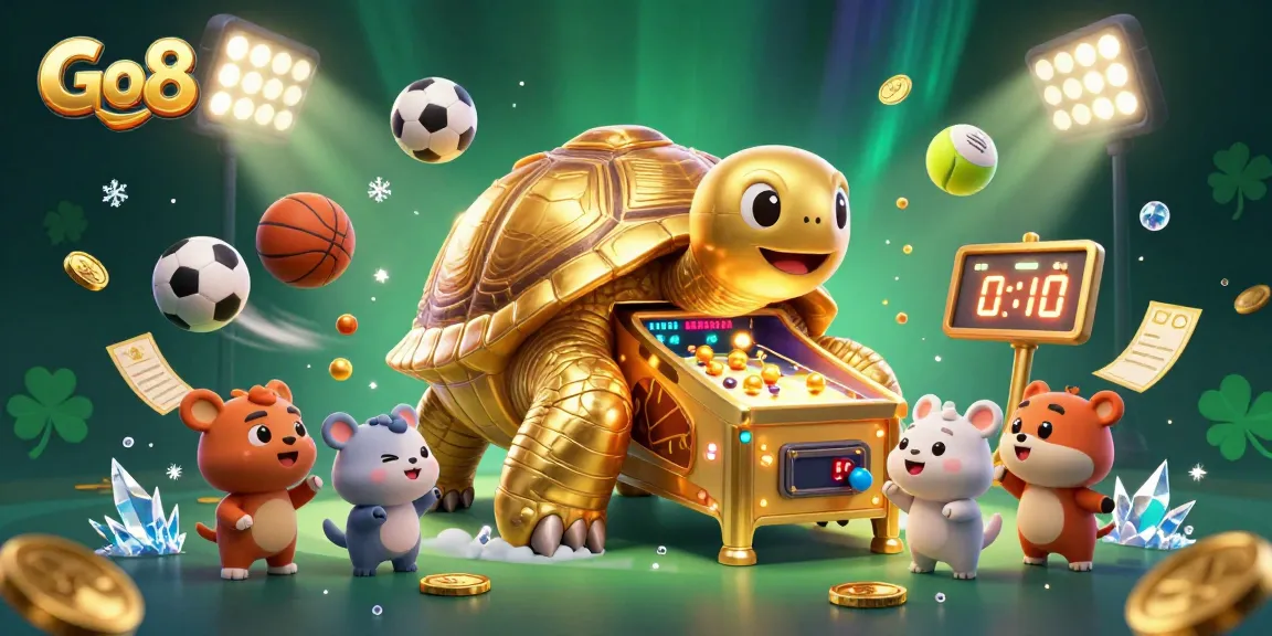 Experience the excitement of Go8 with a golden tortoise pinball machine surrounded by lively sports elements.