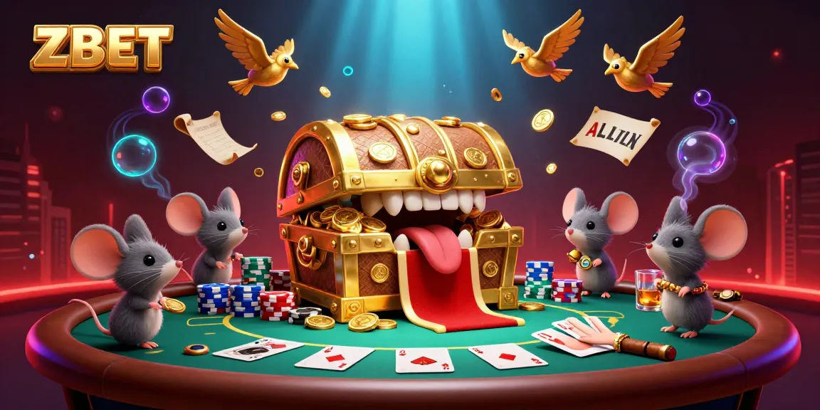 ZBET's exciting scene with a golden treasure chest, poker chips, and adventure elements in a vibrant casino backdrop
