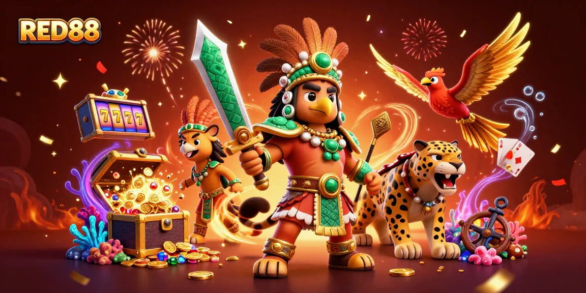 Join the RED88 adventure with Aztec warriors amidst exciting casino treasures and vibrant celebrations.