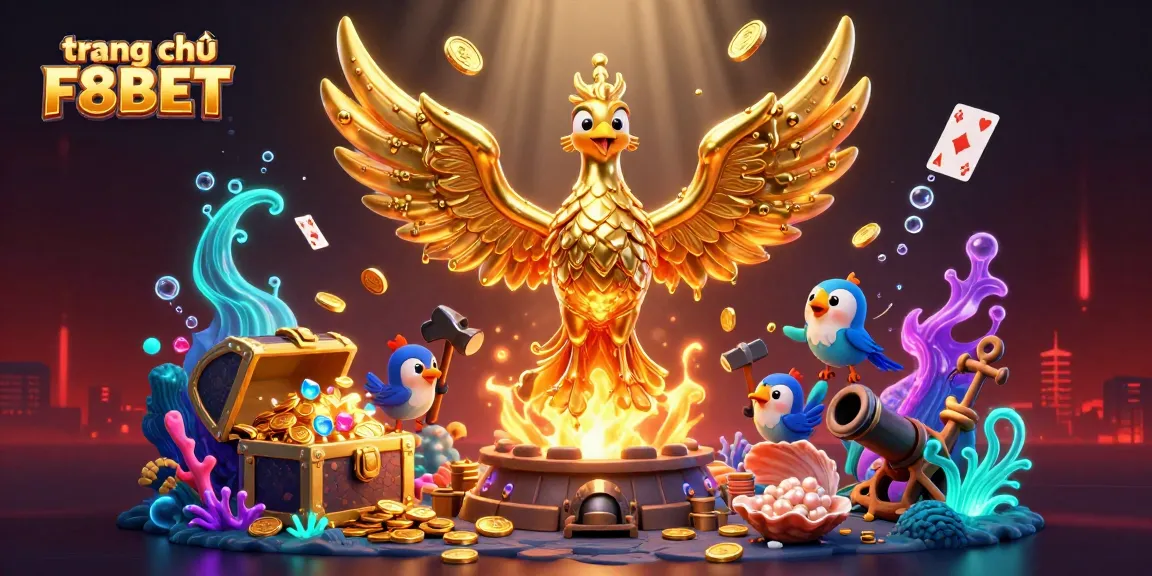 Experience excitement at trang chủ F8BET with the golden phoenix surrounded by treasures and casino elements.