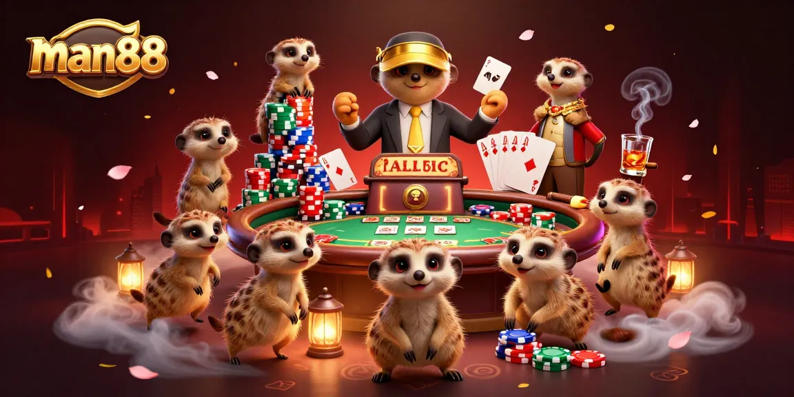 Engage in thrilling casino action with man88's lively meerkat gaming scene, showcasing dynamic poker gameplay.
